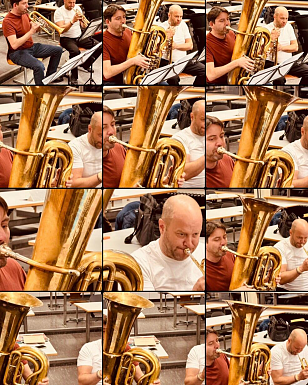 Zwei Musiker spielen Trompete und Tuba bei einer Live-Session in Innenraum